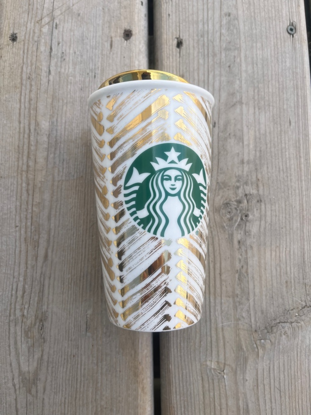 2015 Starbucks Gold Lid Gold Chevron Mermaid Ceramic Travel Tumbler Mug.